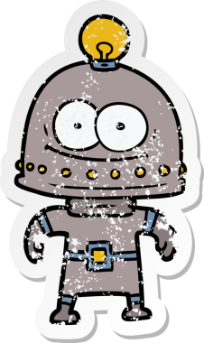 Bir insan tarafından çizilmiş ampullü mutlu bir robot çıkartması.