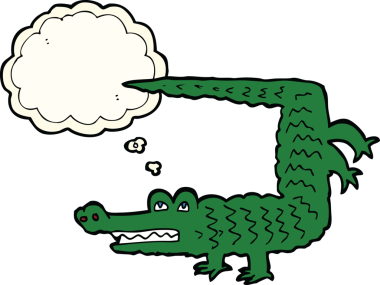 Bir insan tarafından çizilmiş düşünce baloncuklu timsah çizgi filmi.