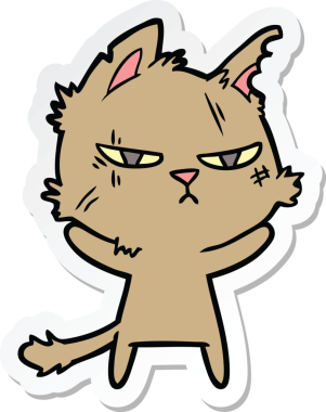 Bir insan tarafından çizilmiş sert bir çizgi film kedisinin çıkartması.