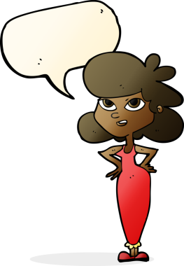 Bir insan tarafından çizilmiş konuşma balonlu elleri olan çizgi film kızı.