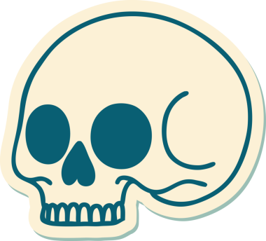 Bir insan tarafından çizilmiş bir kafatasının geleneksel stiliyle dövme çıkartması.