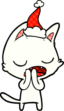 Konuşan kedi eli bir insan tarafından çizilmiş Noel Baba şapkasının çizgi roman çizimi.