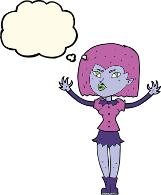 Bir insan tarafından çizilmiş düşünce balonlu vampir kız.