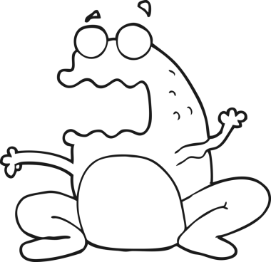 Bir insan tarafından çizilmiş siyah beyaz çizgi film geğiren kurbağa.