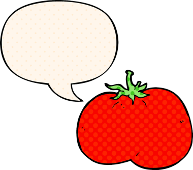 Bir insan tarafından çizilmiş çizgi roman tarzında konuşma baloncuklu domates.