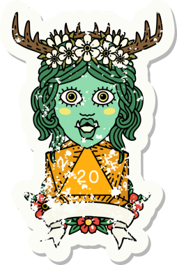 Retro Dövme Biçimli Ork karakteri bir insan tarafından çizilmiş 20 zar ile