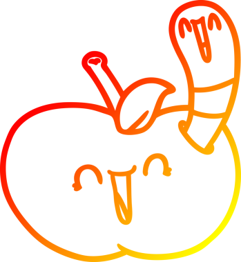 Bir insan tarafından çizilmiş mutlu bir elmanın içindeki çizgi film solucanının sıcak çizgi çizimi.