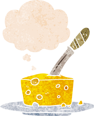 Düşünce baloncuklu çizgi film peyniri grunge dertli retro desenli bir insan tarafından çizilmiş