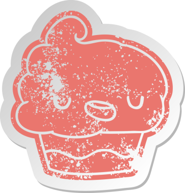 Sıkıntılı eski çizgi film etiketi kawaii bir insan tarafından çizilmiş şirin bir kek.