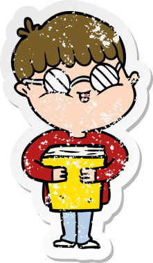 Bir insan tarafından çizilmiş kitap taşıyan gözlüklü bir çizgi film çocuğunun sıkıntılı çıkartması.