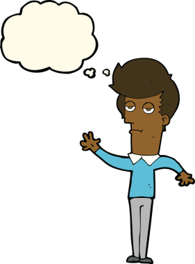 Bir insan tarafından çizilmiş düşünce baloncuğuyla el sallayan sıkıcı bir adam.