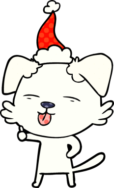 Bir insan tarafından çizilmiş Noel Baba şapkası takan bir köpeğin el çizimi çizgi roman tasviri.