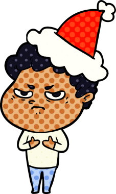 Bir insan tarafından çizilmiş Noel Baba şapkası giyen kızgın bir adamın el çizimi çizgi roman çizimi.