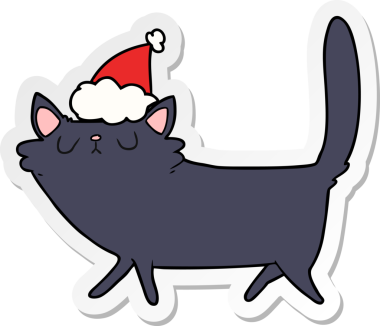 Bir insan tarafından çizilmiş Noel Baba şapkası takan siyah bir kedinin el yazısı.