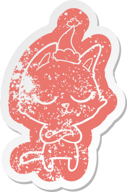 Sakin çizgi film Noel Baba şapkası takan bir kedinin insan tarafından çizilmiş sıkıntılı çıkartması.