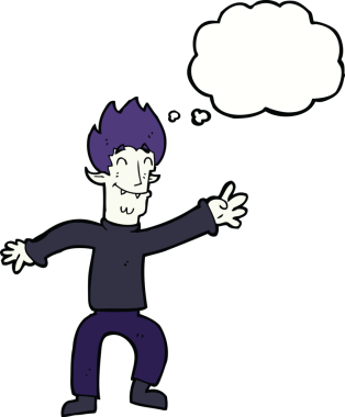 Bir insan tarafından çizilmiş düşünce balonlu mutlu vampir adam çizgi filmi.