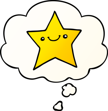 Düşünce baloncuğu olan mutlu çizgi film yıldızı bir insan tarafından çizilmiş.