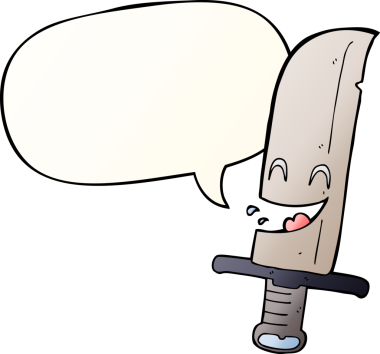 Bir insan tarafından çizilmiş düzgün eğimli konuşma baloncuklu gülen bıçak.