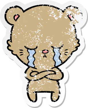 Ağlayan çizgi film ayısının sıkıntılı çıkartması. Kollarını katlamış bir insan tarafından çizilmiş.