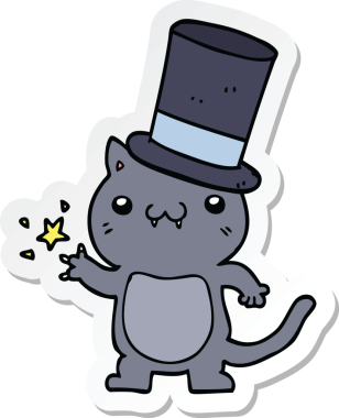 Bir insan tarafından çizilmiş silindir şapkalı çizgi film kedisinin çıkartması.