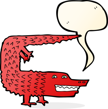 Bir insan tarafından çizilmiş konuşma balonlu çizgi film timsahı.