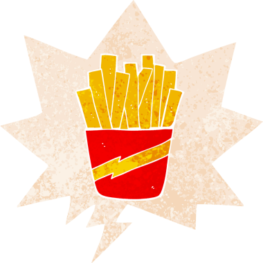 Bir insan tarafından çizilmiş grunge dertli retro stili konuşma baloncuklu patates kızartması kutusu.