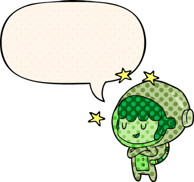 Bir insan tarafından çizilmiş çizgi roman tarzında konuşma balonu olan uzay kıyafetli bir kadın astronot.