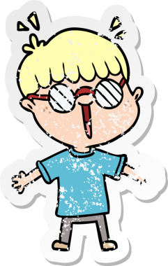 Bir insan tarafından çizilmiş gözlük takan çizgi film karakterinin sıkıntılı çıkartması.