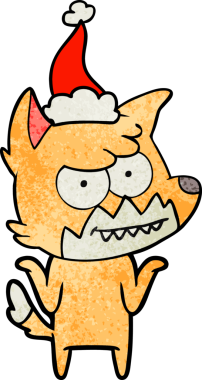 Bir insan tarafından çizilmiş Noel Baba şapkası giymiş sırıtan bir tilkinin el çizimi karikatürü.