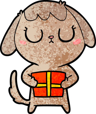 Bir insan tarafından çizilmiş Noel hediyesi olan sevimli bir çizgi film köpeği.