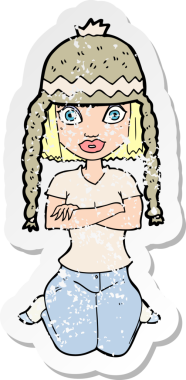 Bir insanın çizdiği şapkayı takan bir karikatür kadının gerilimli çıkartması.