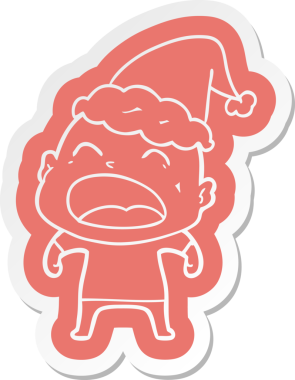 Bir insan tarafından çizilmiş Noel Baba şapkası giyen bağıran kel bir adamın garip çizgi film etiketi.