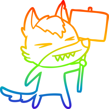 Gökkuşağı gradyan çizgisi kızgın bir kurt çizgi filmi ve bir insan tarafından çizilmiş bir pankart.