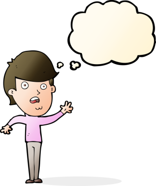 Bir insan tarafından çizilmiş düşünce baloncuğu olan mutsuz bir çocuk.