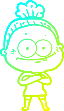 Bir insan tarafından çizilmiş, mutlu, yaşlı bir kadının çizimi.