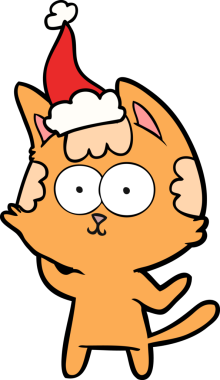 Mutlu el çizimi çizimi bir insan tarafından çizilmiş Noel Baba şapkası takan bir kedi.