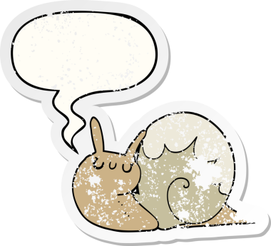 Tatlı çizgi film salyangozu konuşma baloncuğu ile sıkıntılı eski bir çıkartma bir insan tarafından çizilmiş