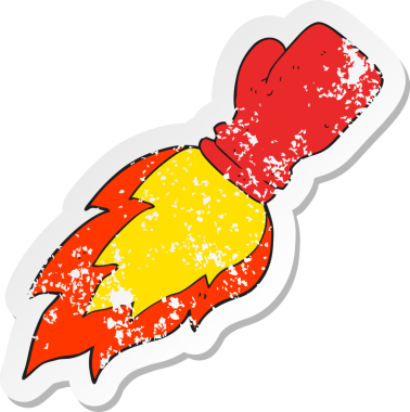 Çizgi film boks eldiveninin gerilimli yapıştırması. Bir insan tarafından çizilmiş alevli yumruk.