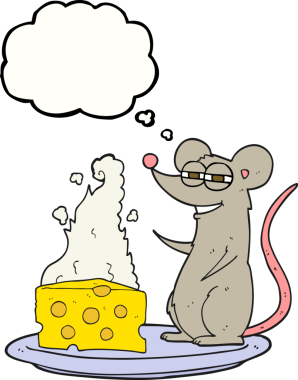 Bir insan tarafından çizilmiş peynirli serbest çizim düşünce balonu faresi.