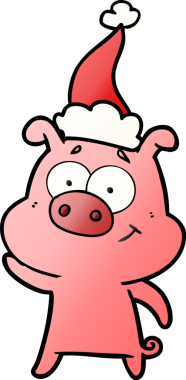 Bir insan tarafından çizilmiş Noel Baba şapkası takan bir domuzun gradyan çizimi.