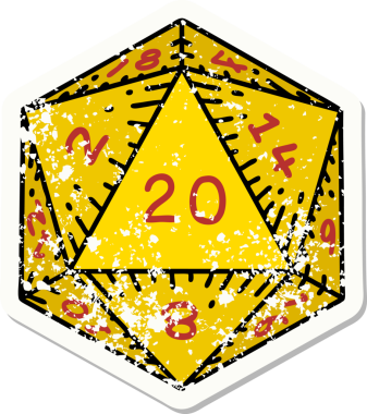 Bir insan tarafından çizilmiş 20 D20 zarının grunge sticker 'ı.