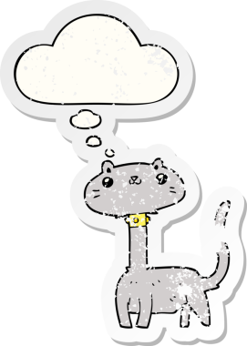 Düşünce baloncuğu olan çizgi film kedisi insan tarafından çizilmiş yıpranmış bir çıkartma.