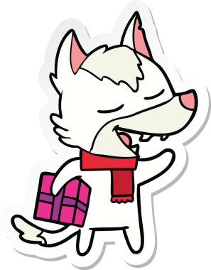 Bir insan tarafından çizilmiş Noel hediyeli bir kurt çizgi film etiketi.