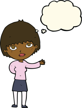 Bir insan tarafından çizilen düşünce baloncuğuyla açıklayan çizgi film kadını.