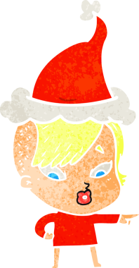 Bir insan tarafından çizilmiş Noel Baba şapkası giymiş şaşırmış bir kızın el çizimi karikatürü.