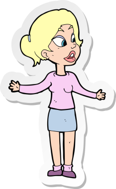 Çizgi film çıkartması. Güzel bir kadın. Bir insan tarafından çizilmiş bir şeyi açıklıyor.