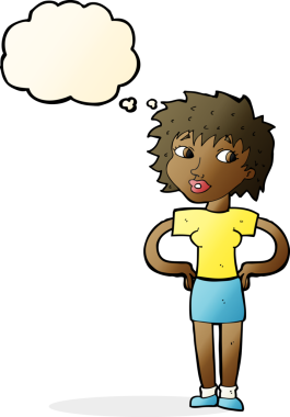 Bir insan tarafından çizilmiş düşünce baloncuğu olan elleri kalçasında çizgi film kadını.