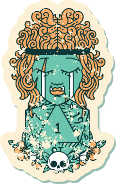 Retro Dövme Tarzı Hüzünlü Ork Barbar Karakter Yüzü Doğal bir D20 ruloyla Bir insan tarafından çizilmiş