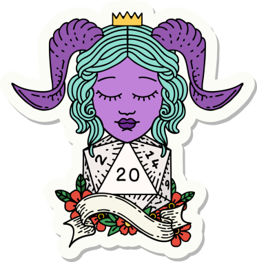 Bir insan tarafından çizilmiş doğal yirmi zarla yapıştırılmış bir etiket.