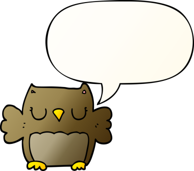 Bir insan tarafından çizilmiş yumuşak eğimli konuşma baloncuğu olan sevimli çizgi film baykuşu